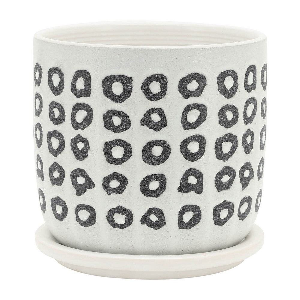 Benjara Indoor Planter with Saucer, White Line Pattern, 6 Inch Gray Cement