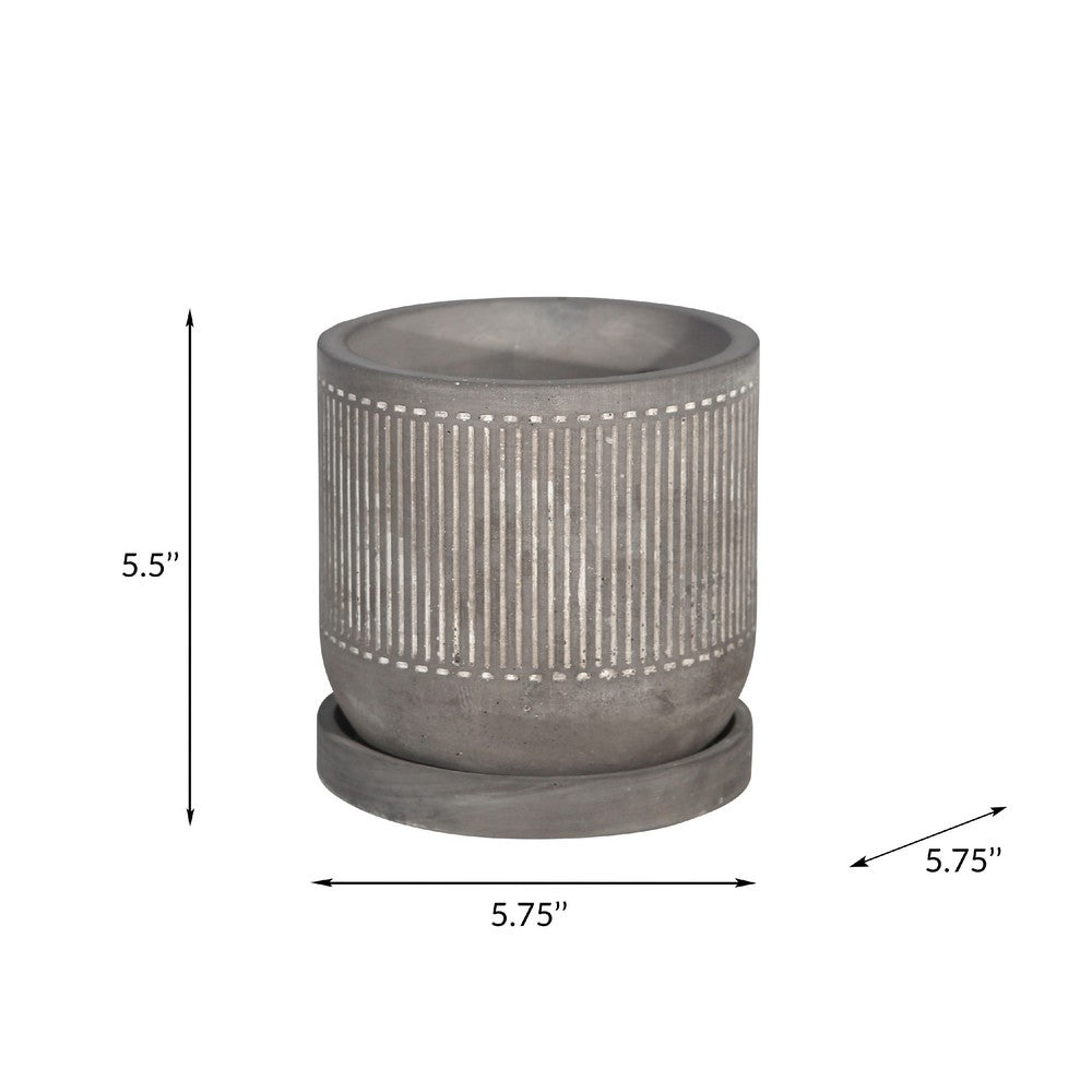 Benjara Indoor Planter with Saucer, White Line Pattern, 6 Inch Gray Cement