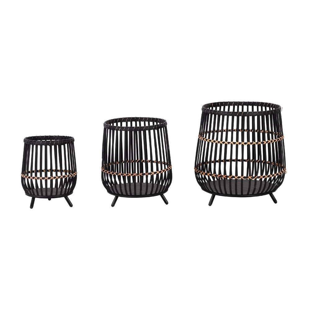 Benjara 3pc Indoor Basket Planters with Metal Stands, Bohemian Black Bamboo