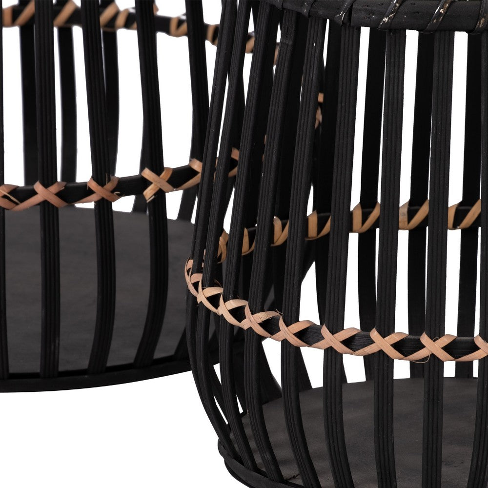 Benjara 3pc Indoor Basket Planters with Metal Stands, Bohemian Black Bamboo
