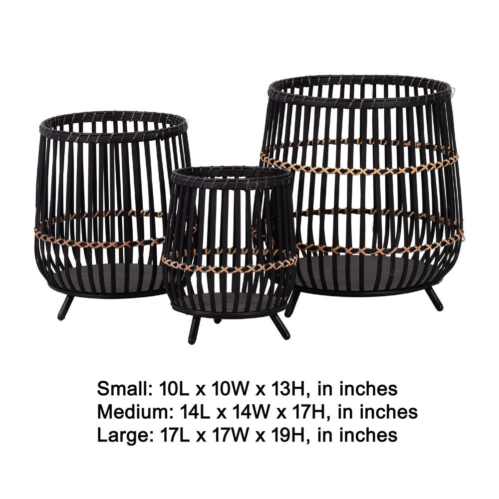 Benjara 3pc Indoor Basket Planters with Metal Stands, Bohemian Black Bamboo