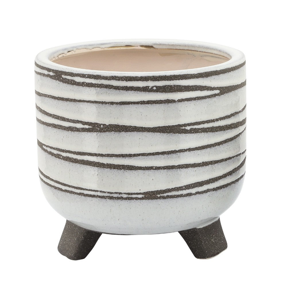 Benjara Indoor Planter Set of 2, Footed Base, Textured Line White Ceramic
