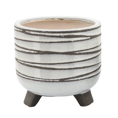 Benjara Indoor Planter Set of 2, Footed Base, Textured Line White Ceramic