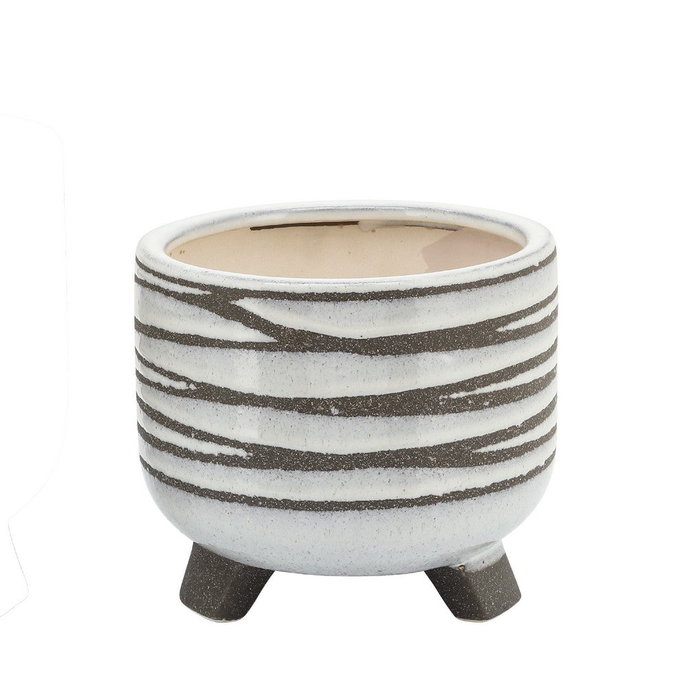 Benjara Indoor Planter Set of 2, Footed Base, Textured Line White Ceramic