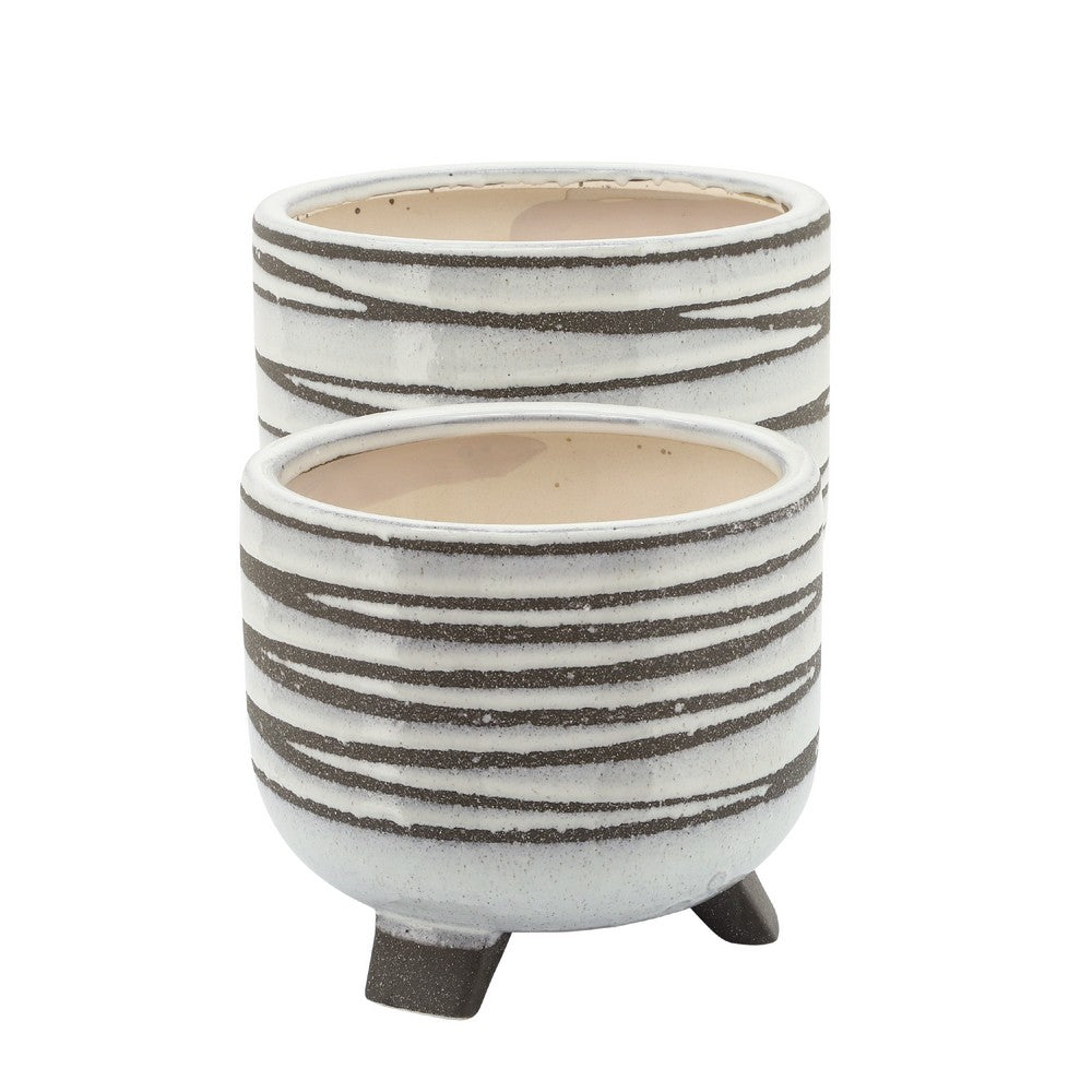 Benjara Indoor Planter Set of 2, Footed Base, Textured Line White Ceramic