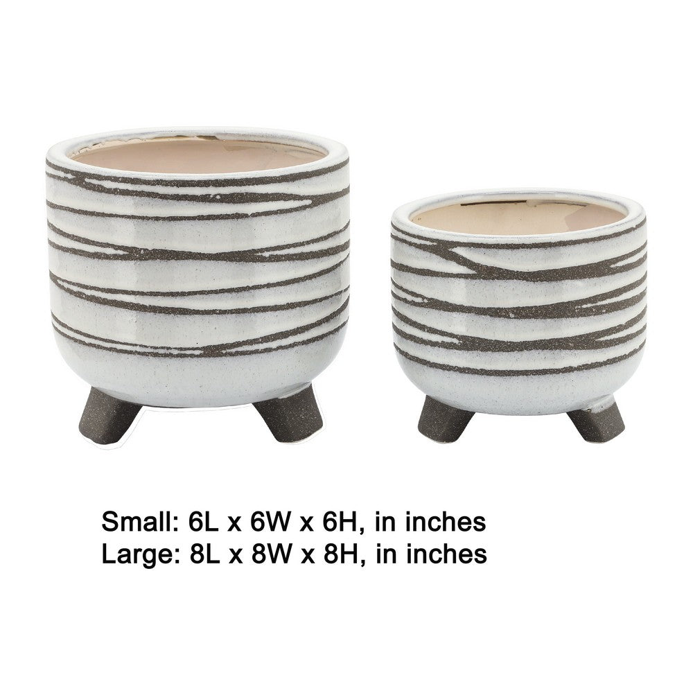 Benjara Indoor Planter Set of 2, Footed Base, Textured Line White Ceramic