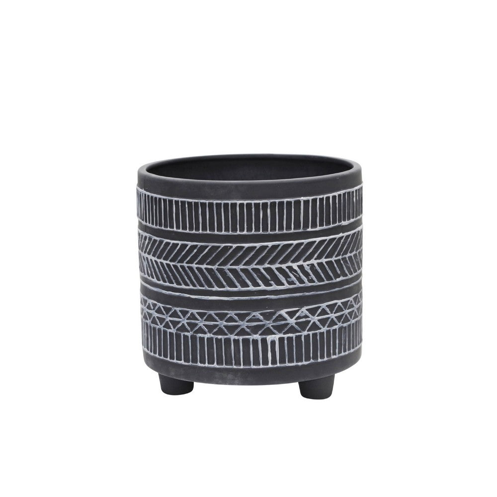 Benjara Indoor Planter Set of 2, Footed Base, Gray And White Tribal Art Print