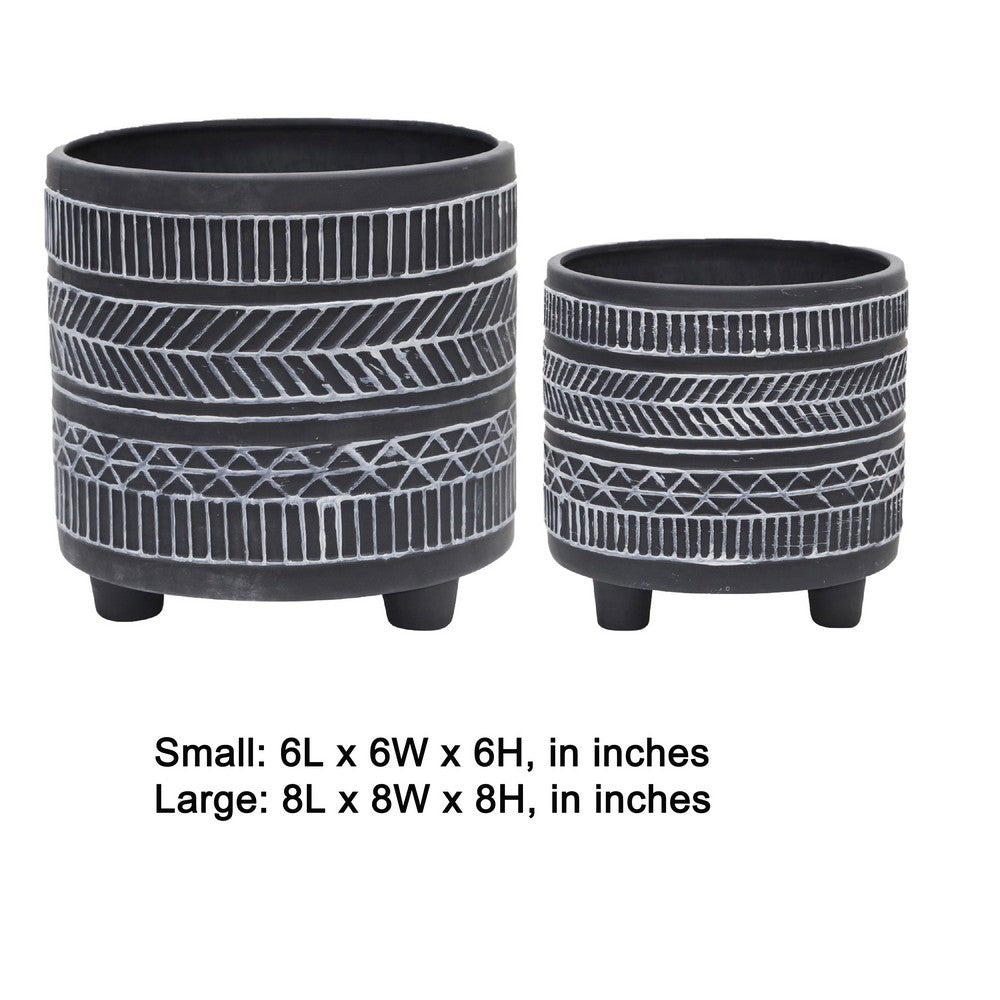 Benjara Indoor Planter Set of 2, Footed Base, Gray And White Tribal Art Print