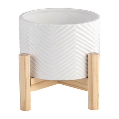 Benjara Indoor Garden Planter with Wood Stand, White Chevron Pattern 6 Inch