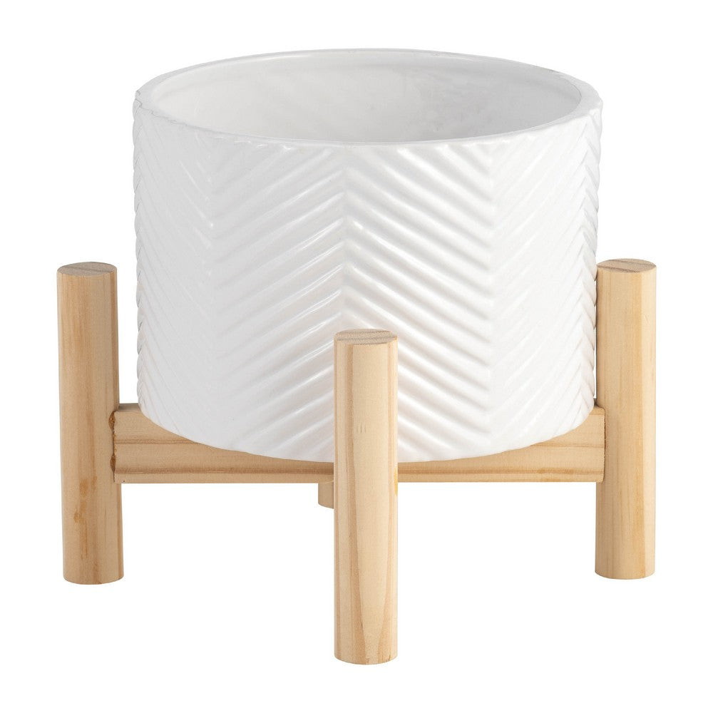 Benjara Indoor Garden Planter with Wood Stand, White Chevron Pattern 6 Inch