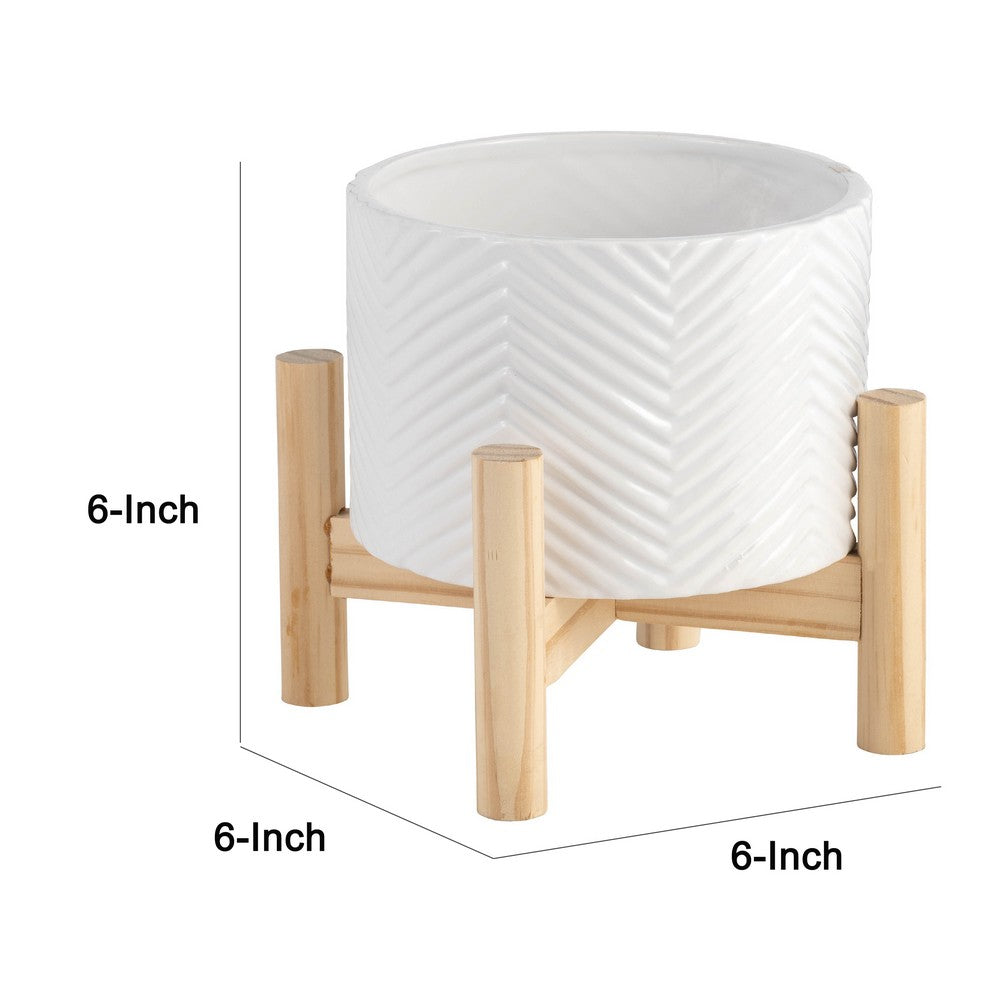 Benjara Indoor Garden Planter with Wood Stand, White Chevron Pattern 6 Inch