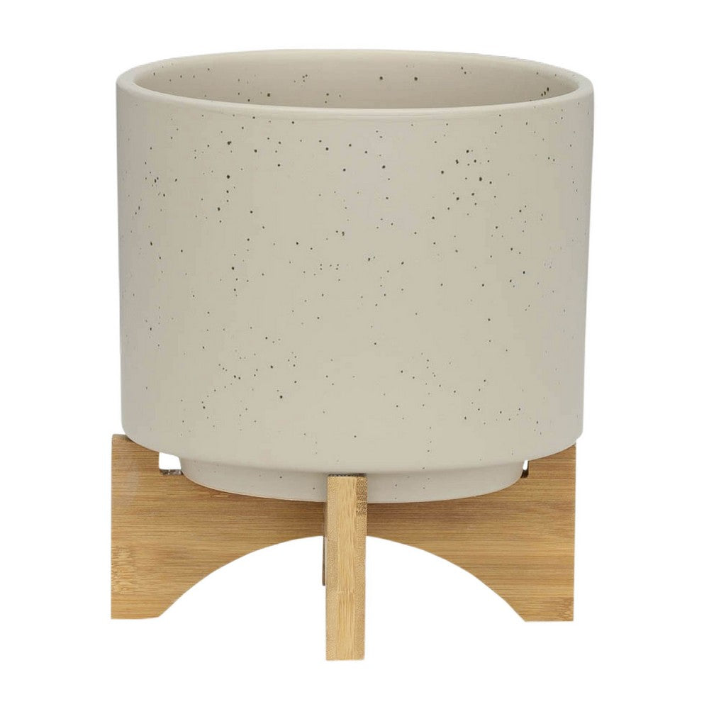 Benjara Outdoor Garden Planters Set of 2, Wood Stands, Speckled Beige, 9 Inch