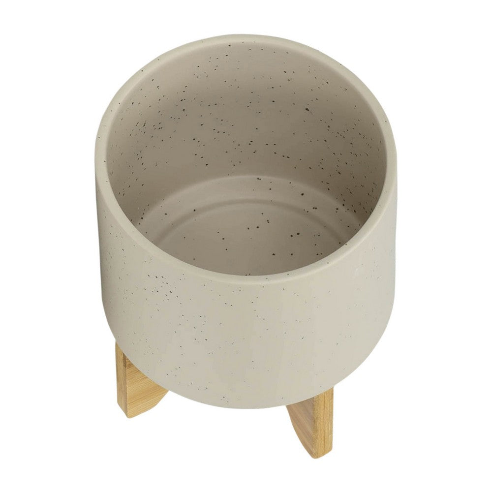 Benjara Outdoor Garden Planters Set of 2, Wood Stands, Speckled Beige, 9 Inch