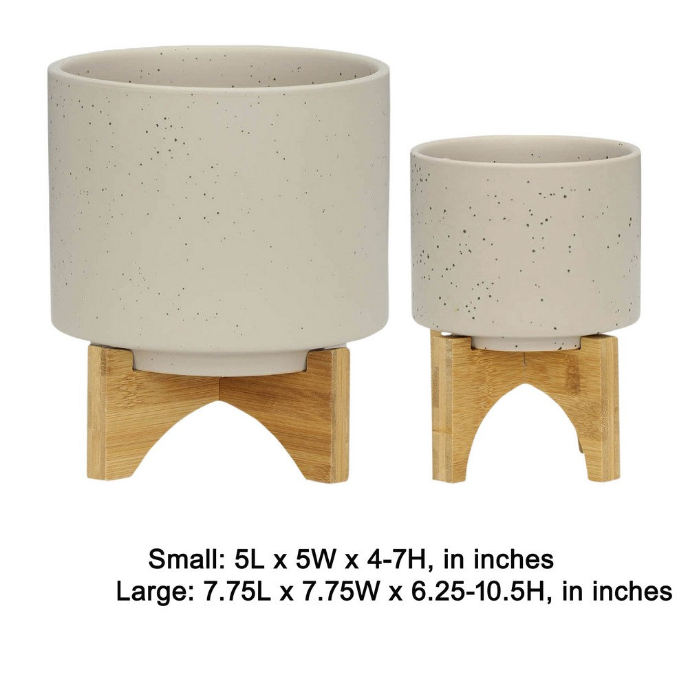 Benjara Outdoor Garden Planters Set of 2, Wood Stands, Speckled Beige, 9 Inch