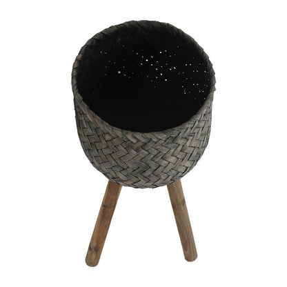 Benjara Set of 2 Flower Planters on Tripod Stands, Black And Brown Bamboo Weave