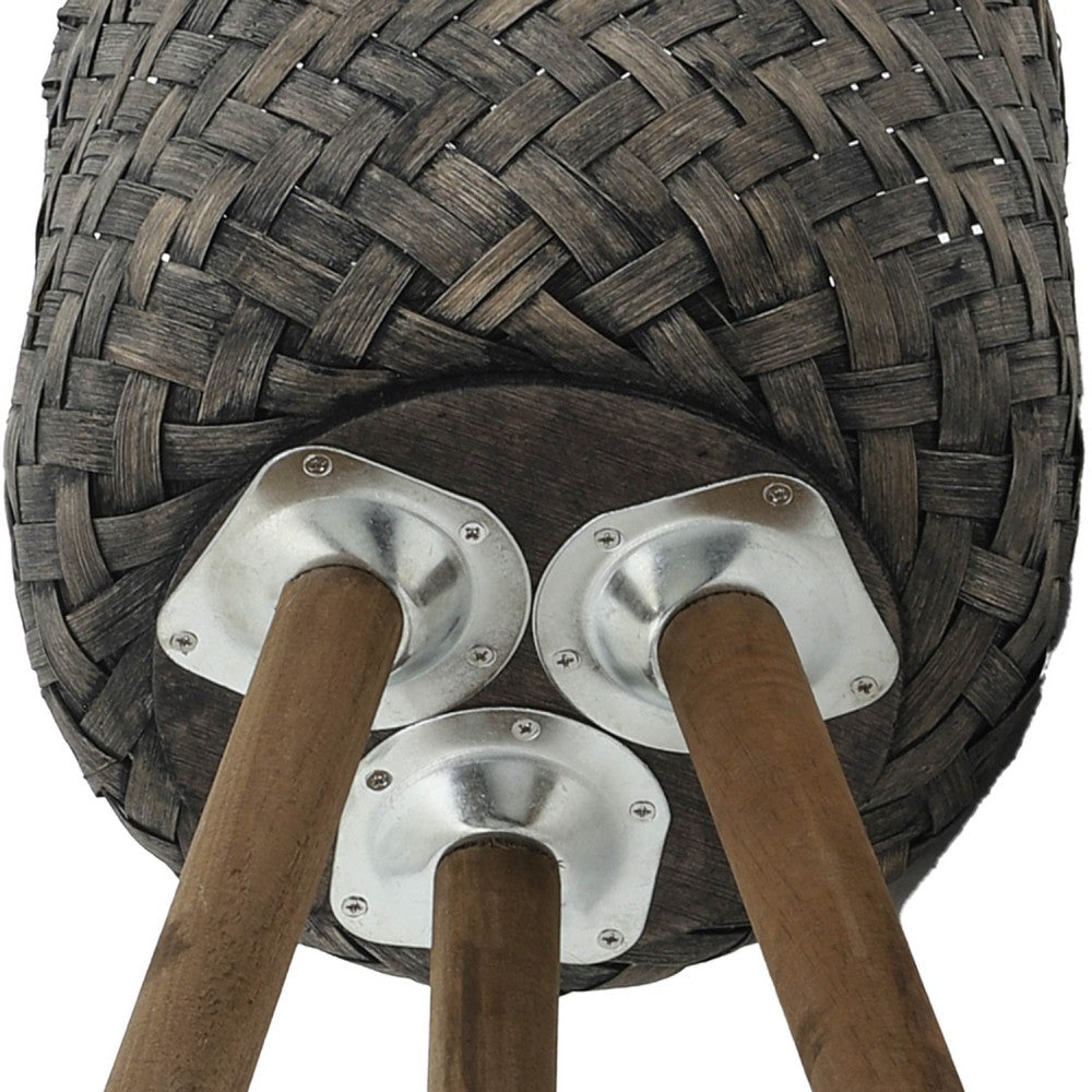 Benjara Set of 2 Flower Planters on Tripod Stands, Black And Brown Bamboo Weave