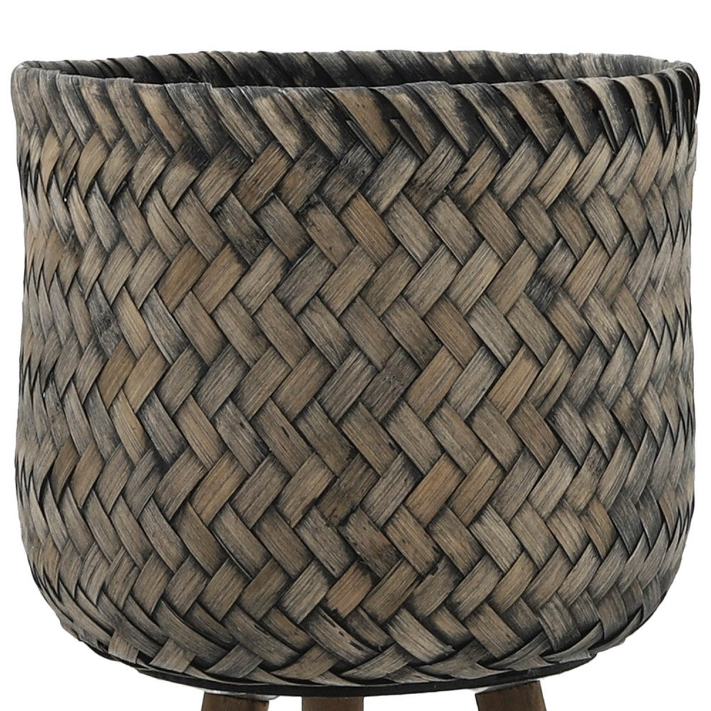 Benjara Set of 2 Flower Planters on Tripod Stands, Black And Brown Bamboo Weave