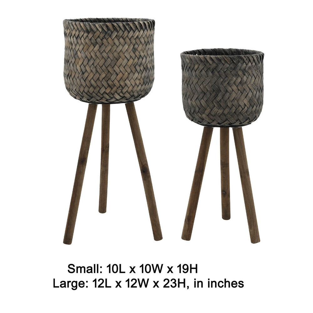 Benjara Set of 2 Flower Planters on Tripod Stands, Black And Brown Bamboo Weave