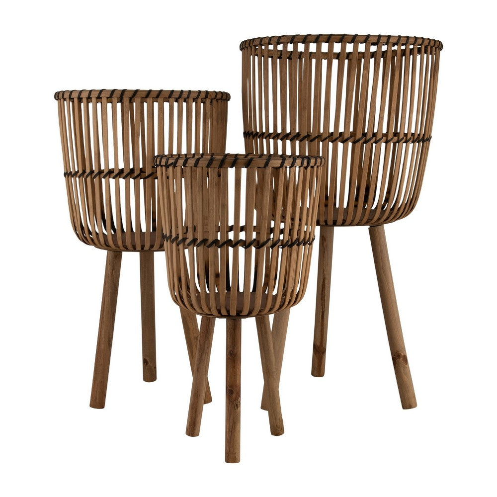 Benjara Set of 3 Flower Planters on Tripod Stands, Brown Bamboo Netting Weave