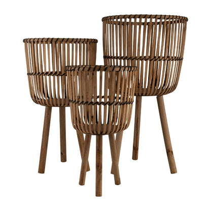 Benjara Set of 3 Flower Planters on Tripod Stands, Brown Bamboo Netting Weave