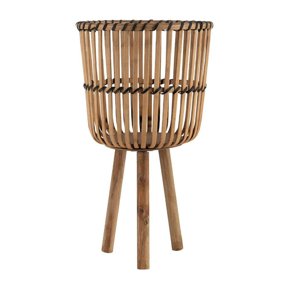 Benjara Set of 3 Flower Planters on Tripod Stands, Brown Bamboo Netting Weave