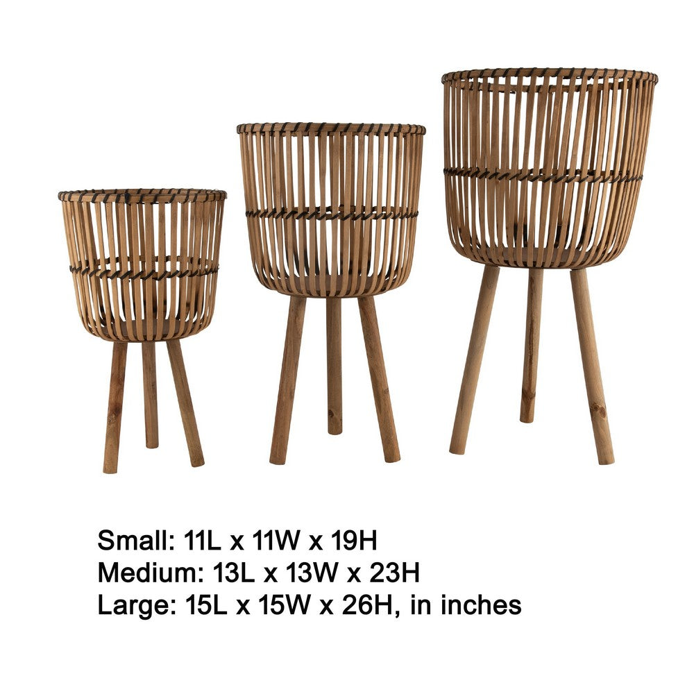 Benjara Set of 3 Flower Planters on Tripod Stands, Brown Bamboo Netting Weave