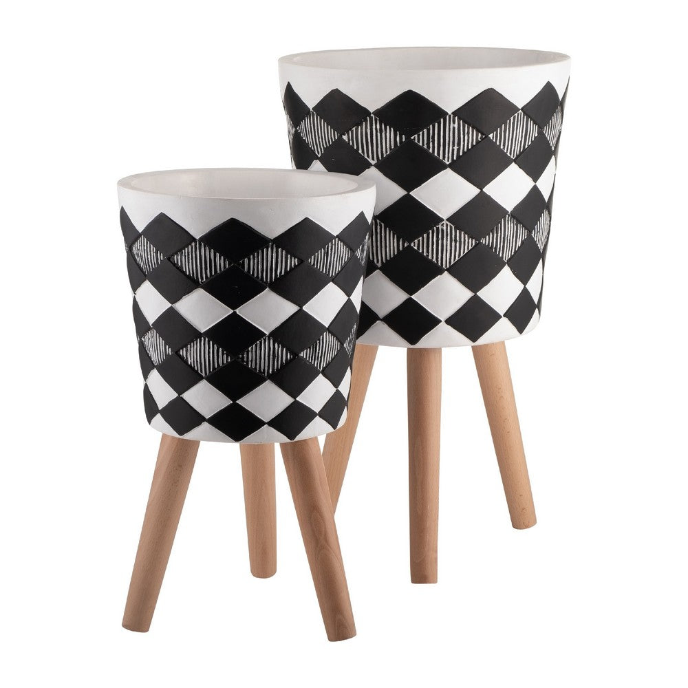 Benjara Planter on Tripod Stand Set of 2, Black White Diamond Pattern 10/12 Inch