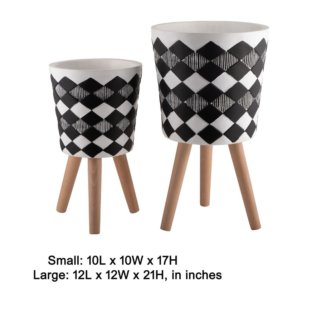Benjara Planter on Tripod Stand Set of 2, Black White Diamond Pattern 10/12 Inch