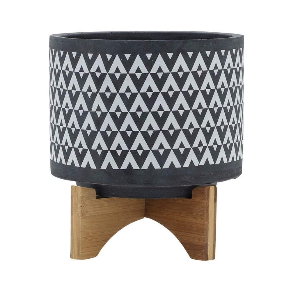 Benjara Jeny Flower Planter Pot on Stand, Gray And White Aztec Ceramic 8 Inch