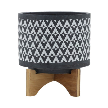 Benjara Jeny Flower Planter Pot on Stand, Gray And White Aztec Ceramic 8 Inch