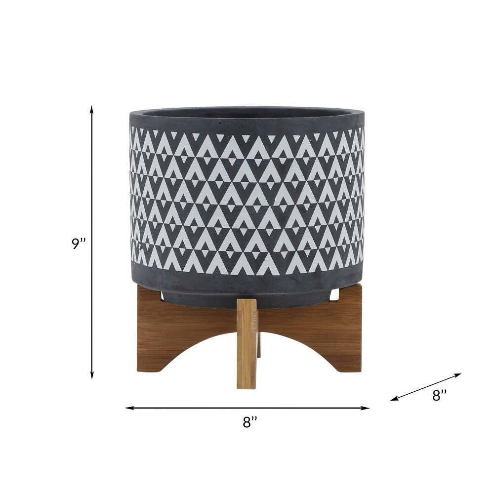 Benjara Jeny Flower Planter Pot on Stand, Gray And White Aztec Ceramic 8 Inch