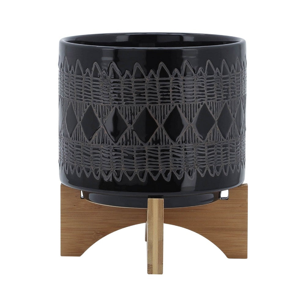 Benjara Jeny Flower Planter Pot on Wood Stand, Black Aztec Ceramic 8 Inch