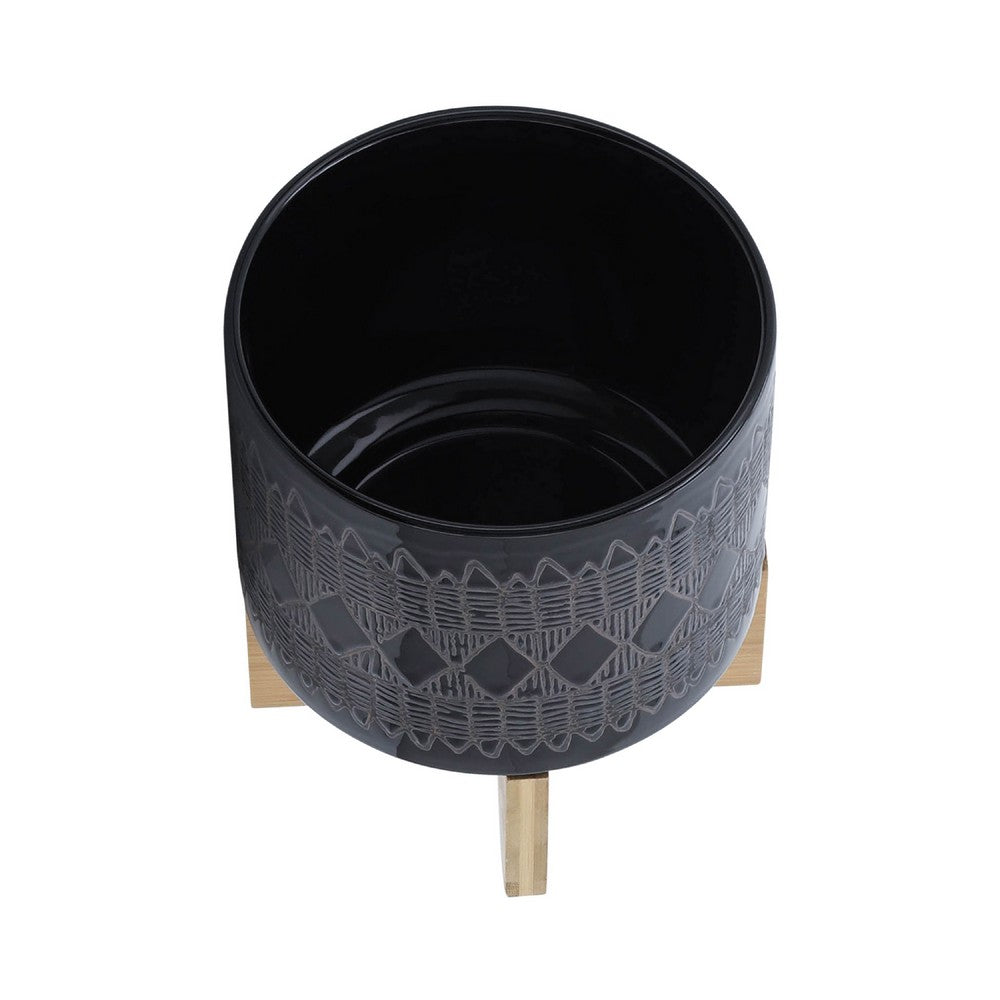 Benjara Jeny Flower Planter Pot on Wood Stand, Black Aztec Ceramic 8 Inch