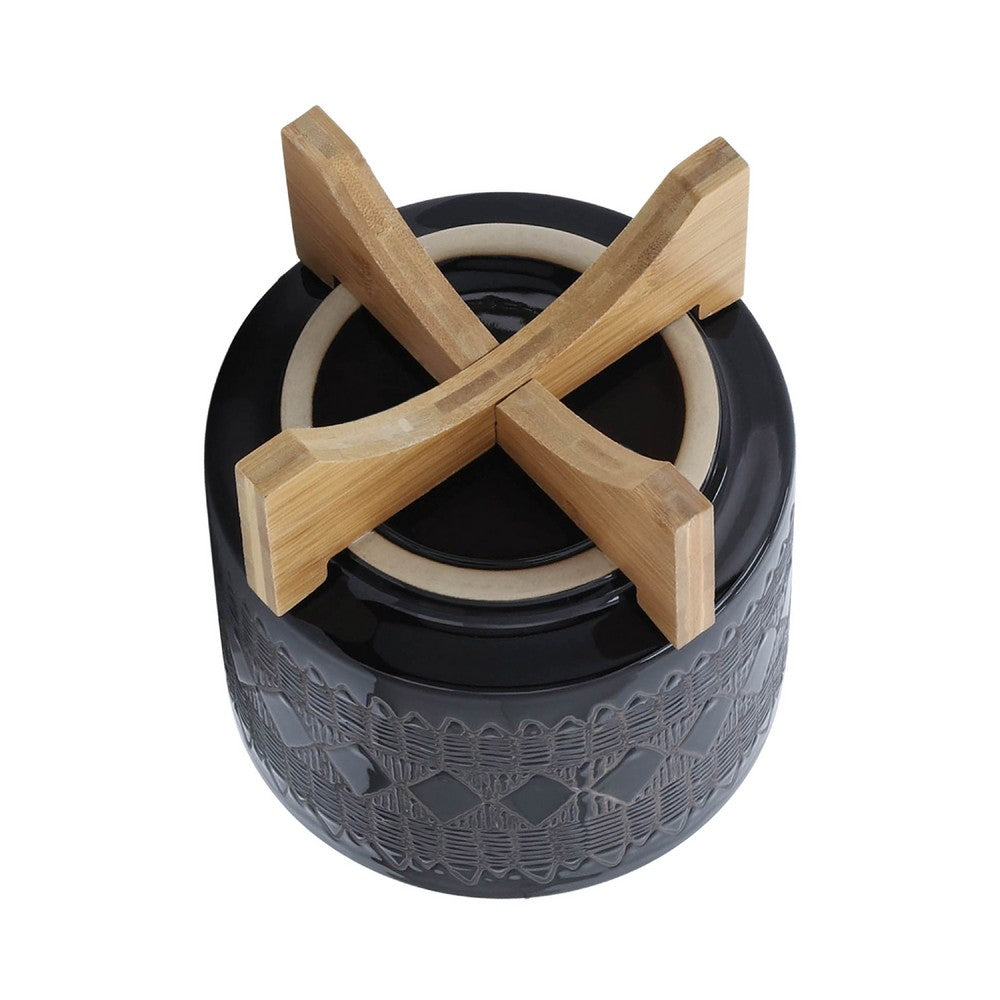 Benjara Jeny Flower Planter Pot on Wood Stand, Black Aztec Ceramic 8 Inch