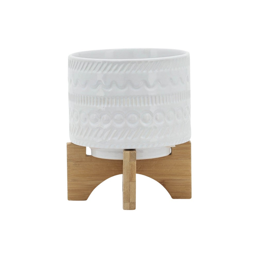 Benjara Jeny Flower Planter Pot on Wood Stand, White Tribal Ceramic, 5 Inch