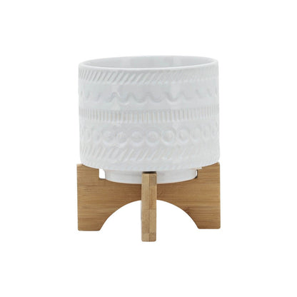 Benjara Jeny Flower Planter Pot on Wood Stand, White Tribal Ceramic, 5 Inch