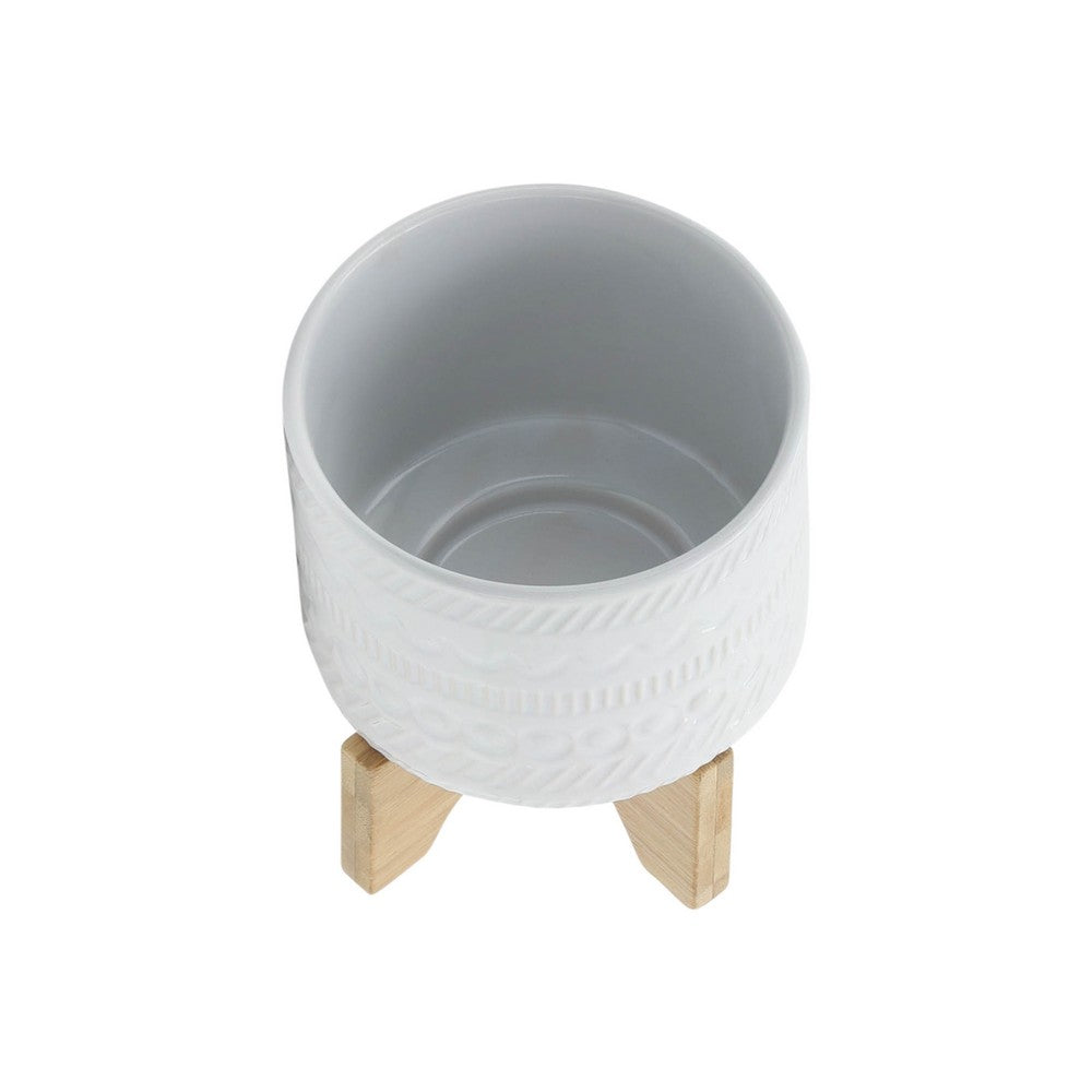 Benjara Jeny Flower Planter Pot on Wood Stand, White Tribal Ceramic, 5 Inch