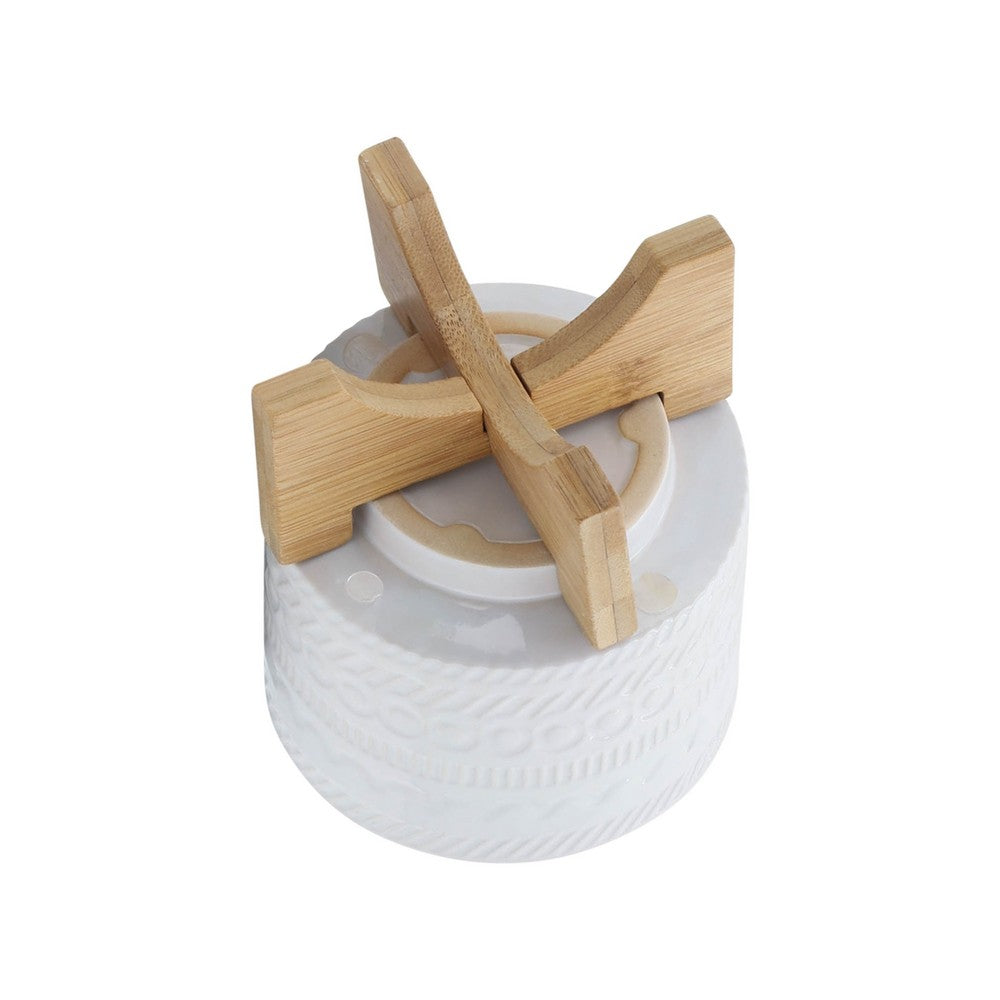 Benjara Jeny Flower Planter Pot on Wood Stand, White Tribal Ceramic, 5 Inch