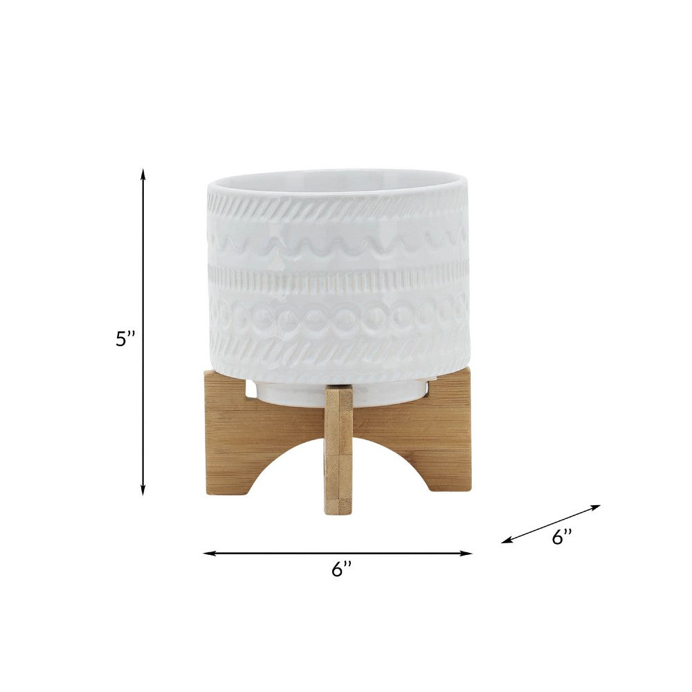 Benjara Jeny Flower Planter Pot on Wood Stand, White Tribal Ceramic, 5 Inch
