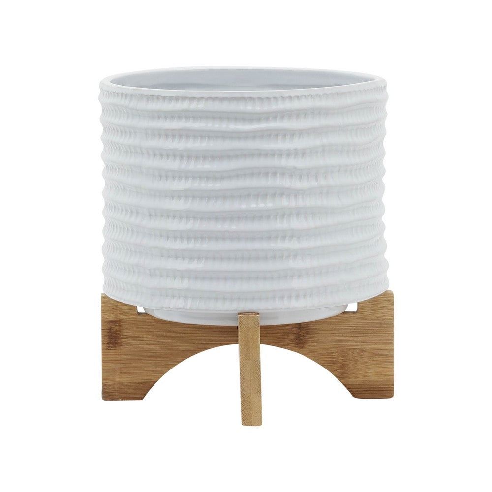 Benjara Jeny Flower Planter Pot on Wood Stand, White Textured Ceramic 8 Inch