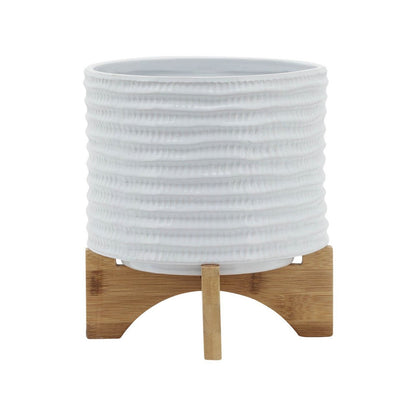 Benjara Jeny Flower Planter Pot on Wood Stand, White Textured Ceramic 8 Inch