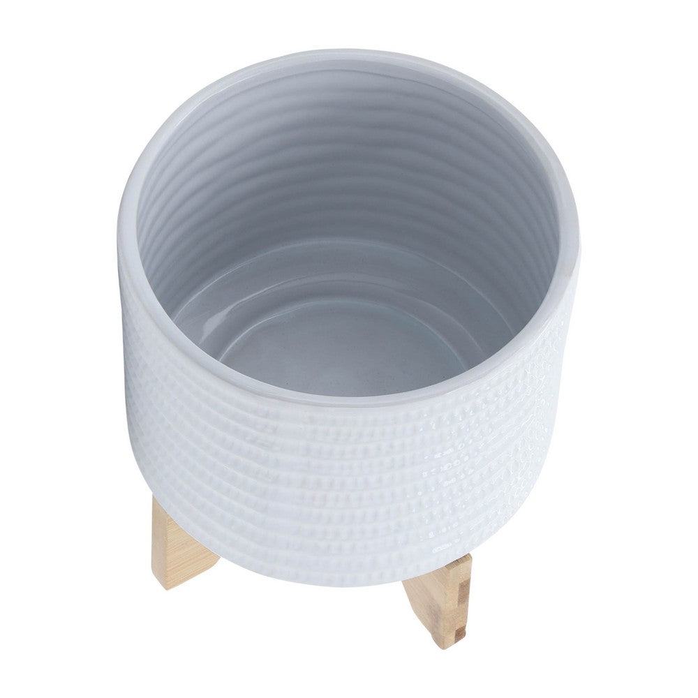 Benjara Jeny Flower Planter Pot on Wood Stand, White Textured Ceramic 8 Inch