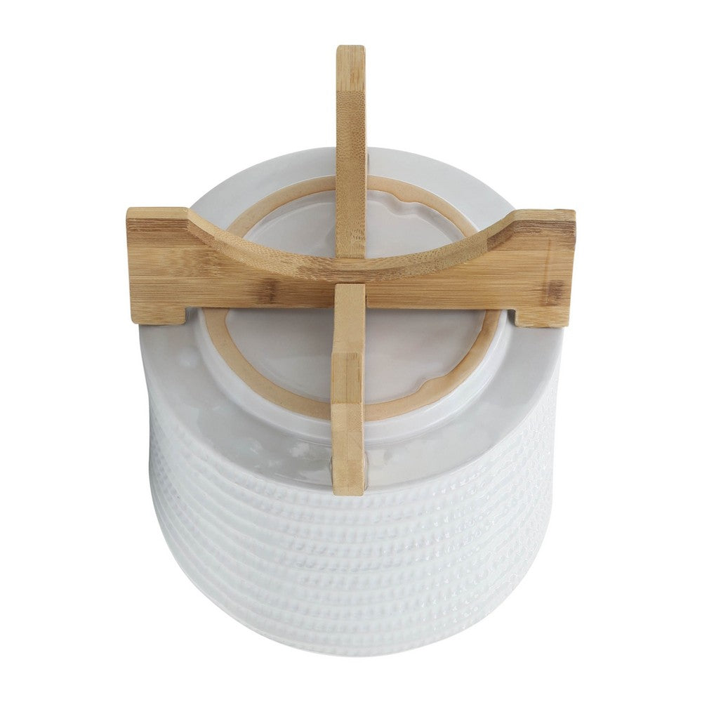 Benjara Jeny Flower Planter Pot on Wood Stand, White Textured Ceramic 8 Inch