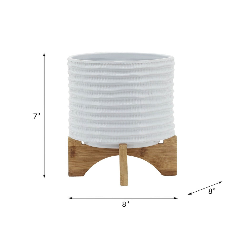 Benjara Jeny Flower Planter Pot on Wood Stand, White Textured Ceramic 8 Inch