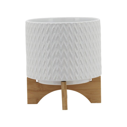 Benjara Jeny Flower Planter Pot on Wood Stand, White Chevron Ceramic 8 Inch