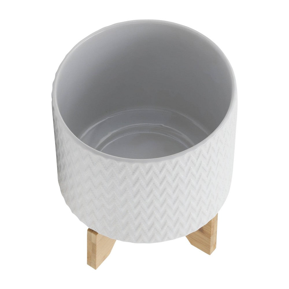 Benjara Jeny Flower Planter Pot on Wood Stand, White Chevron Ceramic 8 Inch