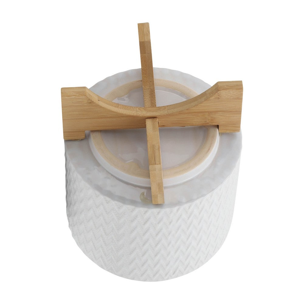 Benjara Jeny Flower Planter Pot on Wood Stand, White Chevron Ceramic 8 Inch