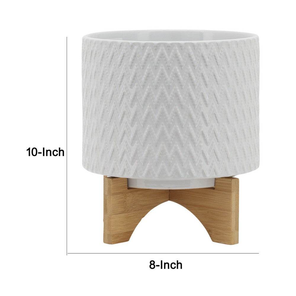 Benjara Jeny Flower Planter Pot on Wood Stand, White Chevron Ceramic 8 Inch