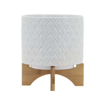 Benjara Jeny Flower Planter Pot on Wood Stand, White Diamond Ceramic 8 Inch