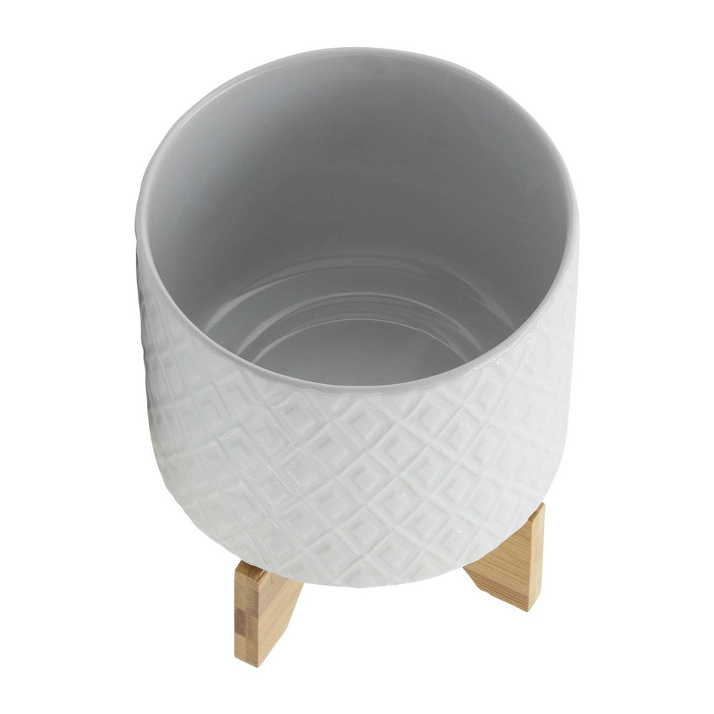 Benjara Jeny Flower Planter Pot on Wood Stand, White Diamond Ceramic 8 Inch